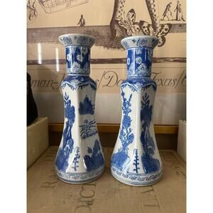 2 China Chinese Blue & White Porcelain Candlesticks Bamboo Prunus & Fungi pair